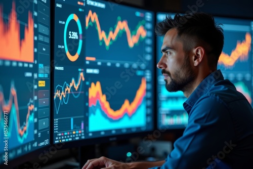 Visualizing Financial Data: A Data Analyst Surrounded by Live KPI Dashboard Screens with Colorful Graphs and Charts