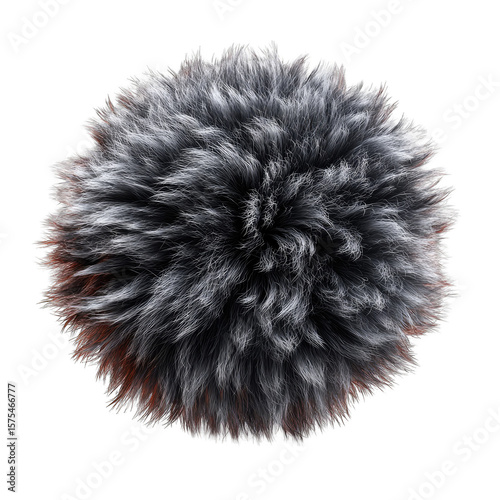 Fuzzy, circular, gray-silver fur ball