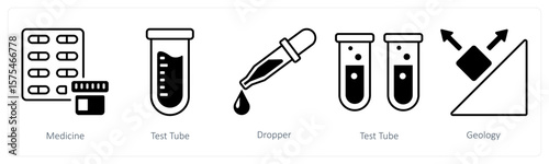 A set of 5 mix icons as medicine, test tube, dropper
