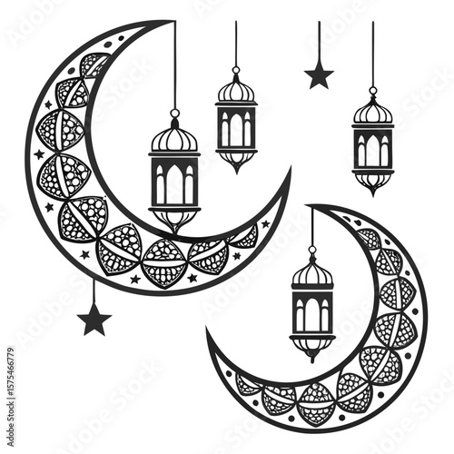 Islamic crescent moons with lanterns and stars decoration