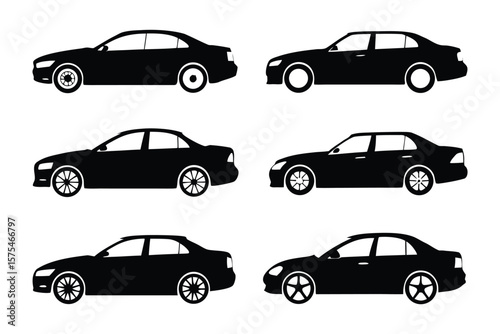 Silhouette of Six Sedans: A stylized collection of six sleek sedans, each a silhouette of modern automotive design, is perfect for illustrating concepts of transportation, vehicles, or car models.