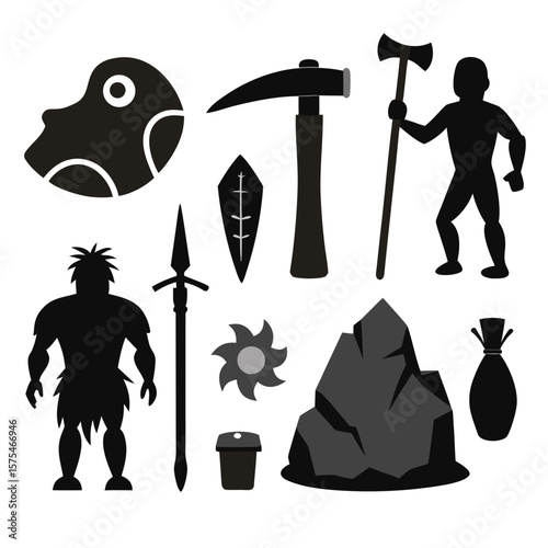 Prehistoric figures and tools collection caveman spear