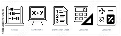 A set of 5 mix icons as abacus, mathematics, examination sheet