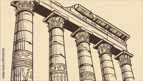 Ancient greek architecture drawing of doric columns and temple ruins vector illustration art design