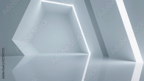 A minimalist white geometric space, with linear light strips outlining the contours, and the reflective ground creating a sense of extension, presenting a futuristic technology and art atmosphere.