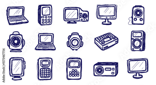 Technology Device Set Blue Sketch Icon Sets on Grid