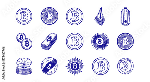 Bitcoin and Cryptocurrency Blue Sketch Icons Blue Sketch Icon Sets on Grid