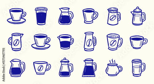 Coffee and Tea Containers Blue Sketch Icon Sets on Grid