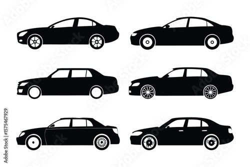 Luxury Car Silhouettes: Sleek and stylish silhouettes of luxury vehicles are displayed against a simple backdrop, Perfect for automotive design, or any project needing transportation icons.