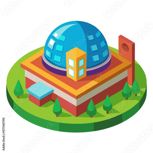 Modern observatory building with blue dome and green landscape