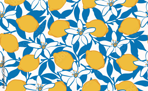 Whimsical hand drawn italian lemon seamless pattern. Blue, yellow summer print. Italy citrus floral sketch. Fruit background for wedding, packaging, fabric, wrapping paper. Trendy vector illustration.