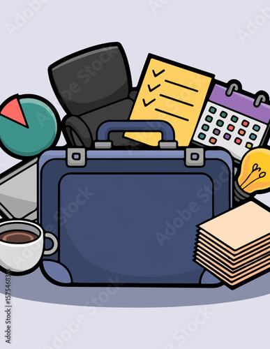 Cartoon Business Office Icon Set – Briefcase, Pie Chart, Laptop, Coffee, and Calendar


