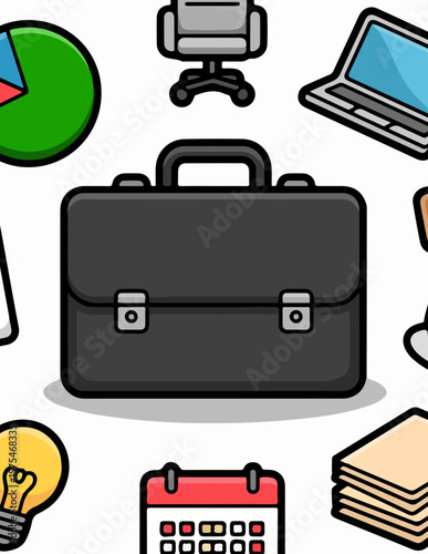 Cartoon Business Office Icon Set – Briefcase, Pie Chart, Laptop, Coffee, and Calendar

