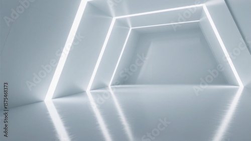 Wallpaper Mural A minimalist white geometric space, with linear light strips outlining the contours, and the reflective ground creating a sense of extension, presenting a futuristic technology and art atmosphere. Torontodigital.ca