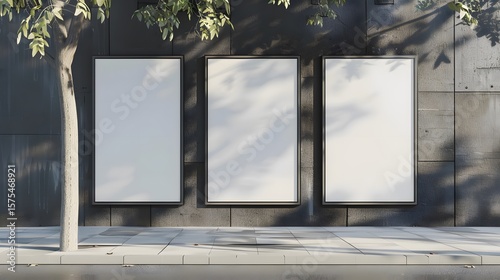Blank billboards mounted on a dark urban wall.