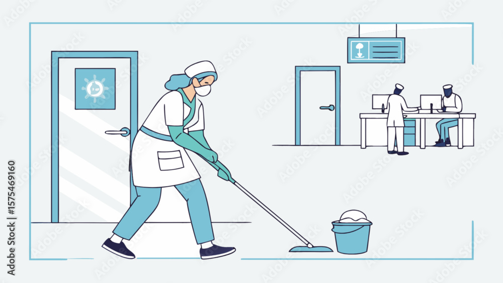 Obraz premium Hospital cleaning service worker mopping floor for infection control and hygiene maintenance in healthcare facility