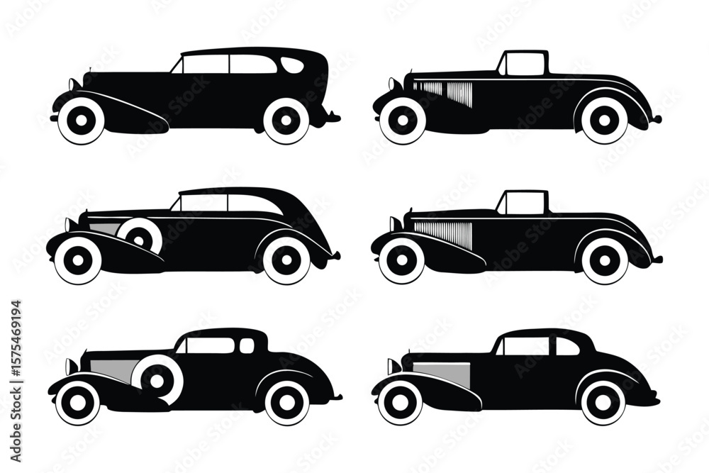 Fototapeta premium Vintage Cars Silhouette: A stylish collection of meticulously illustrated vintage cars, set against a plain background. Each car silhouette radiates sophistication and automotive history.