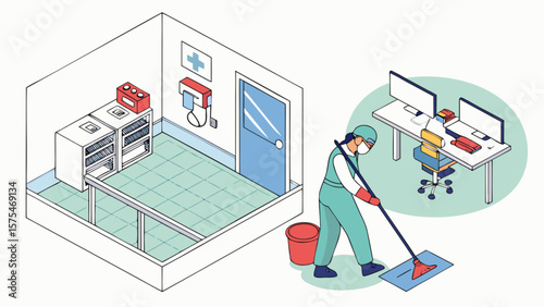 Hospital cleaning service worker mopping floor in medical facility for infection control and hygiene tasks