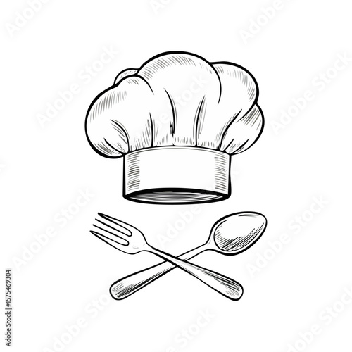 Chef hat and restaurant menu logo icons set featuring food, utensils, and burger illustrations for cafe branding, kitchen labels, or digital restaurant design

