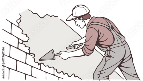 Construction worker plastering brick wall with trowel home repair and building renovation project illustration
