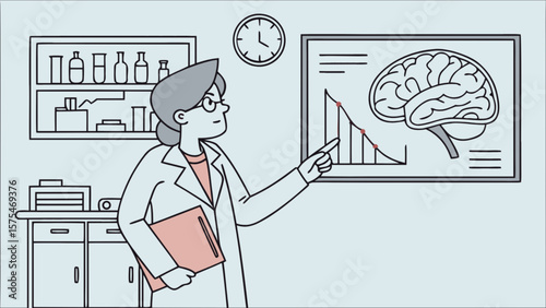 Brain health research presentation by doctor showing brain scan and data analysis for medical science study