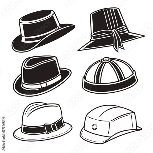 Six black and white hat illustrations hats headwear