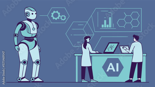 Ai robot and scientists working on artificial intelligence technology and data analysis research lab