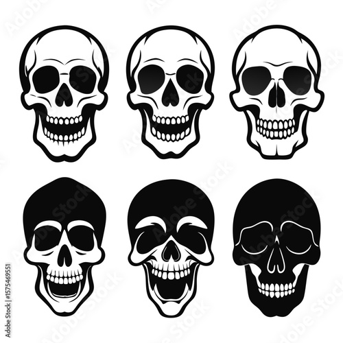 Six black and white human skull graphics skeleton death