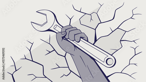 Hand holding wrench breaking through wall repair service maintenance construction concept illustration 100