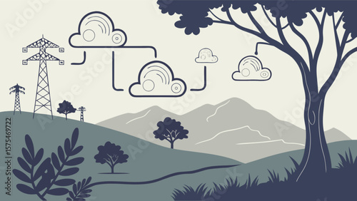 Cloud computing network data transmission in nature landscape illustration vector graphic design
