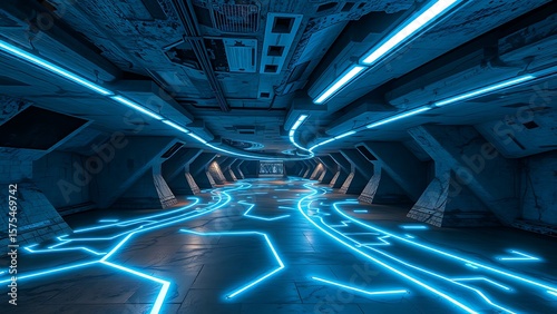 Futuristic Sci-Fi Corridor with Glowing Blue Lights and Concrete Texture, great for Technology Backgrounds and Architectural Designs, evoking a sense of advanced innovation and cutting-edge