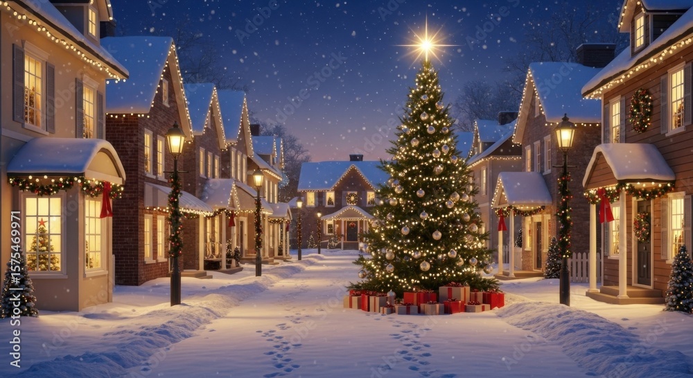 Fototapeta premium Festive Christmas Tree in Snowy Village Scene at Night with Warm Lights and Decorations