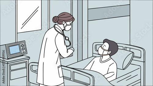 Illustration of doctor visiting patient in hospital room with mask and monitor for health care visit
