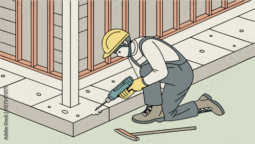 Construction worker drilling foundation for building project home improvement and renovation project is underway