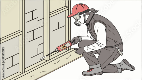 Professional caulking insulation worker applying sealant to wall for energy efficiency home improvement project