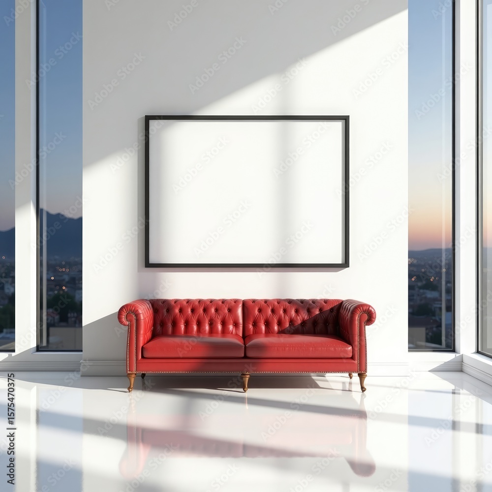 Fototapeta premium Classic red leather chesterfield sofa with button tufting and wooden legs for living room decor accent