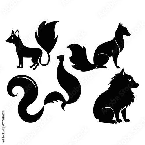 Stylized animal silhouettes with bushy tails black