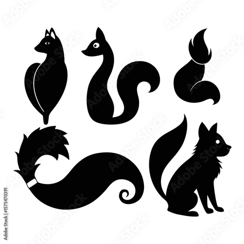 Stylized black animal silhouettes with bushy tails