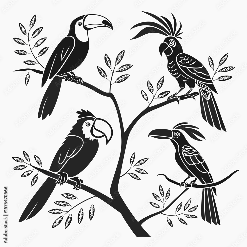 Naklejka premium Toucans and Parrots on Tree Branches macaw cockatoo