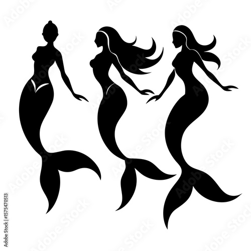 Three black mermaid silhouettes with flowing hair and tails