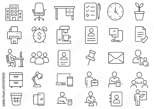 30 vector icons set of office workspace related icons including desk, chair, computer, and office supplies line art