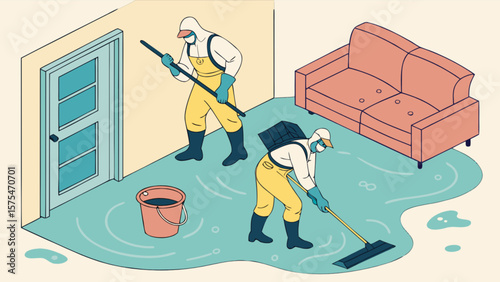 Water damage restoration service professionals cleaning flooded home after disaster clean up and repair work