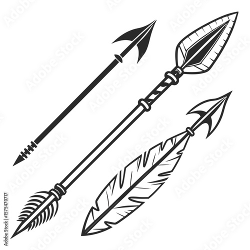 Tribal arrowheads and feather spear ancient primitive