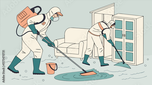 Water damage restoration and cleanup services for home after flood or leak emergency situation response team