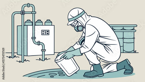 Hazmat worker cleaning hazardous waste spill with safety gear and equipment for environmental protection
