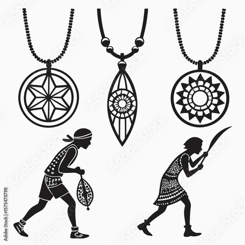 Tribal figures and ornate necklaces pendant silhouette