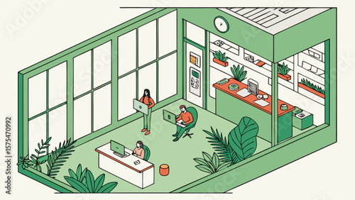 Isometric office space with plants and people working on laptops for eco friendly business design
