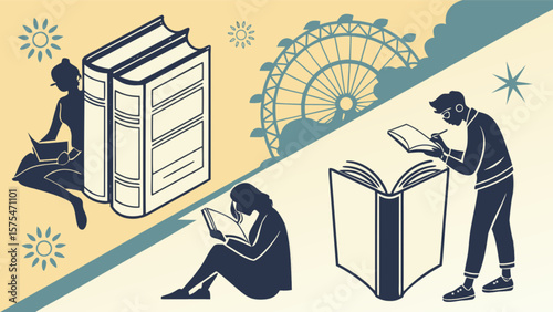 Illustration of people reading books with ferris wheel and suns for education and leisure time fun theme