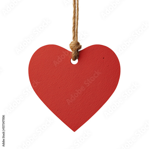 Wooden red heart tag with string hanging against a black background