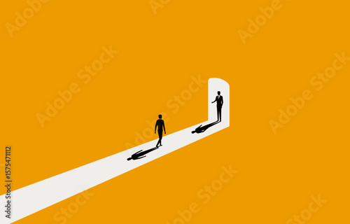 Businessman standing at the entrance to welcome new coworker, representing threshold of possibility career opportunity concept, minimal business design.
